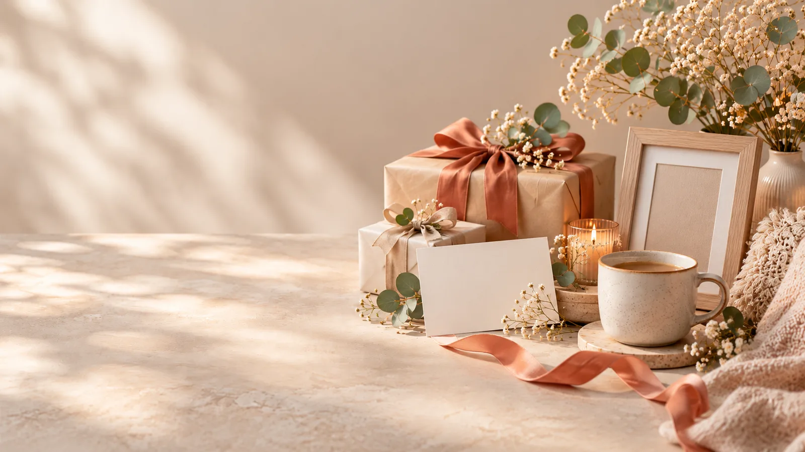 Stilvoll verpackte Geschenke mit Blumen, Kerze und Tasse