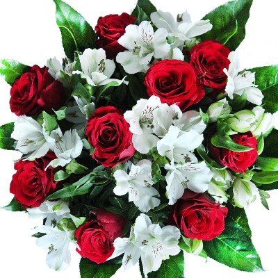 Rote Rosen Blumenstrauß mit weißen Alstromerien...
